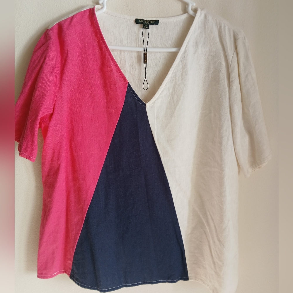 For Cynthia Linen Blend Colorblock Top